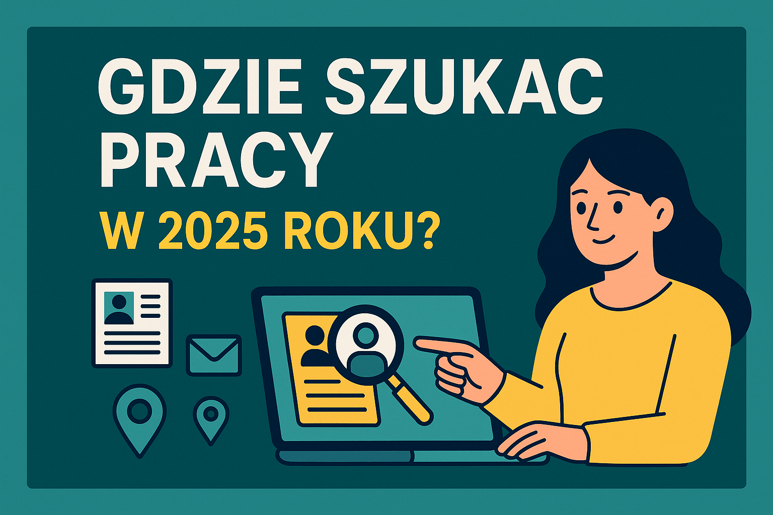 Ilustracja przedstawiająca kobietę przeglądającą portale z ogłoszeniami o pracę w 2025 roku – gdzie szukać pracy i jak znaleźć aktualne oferty